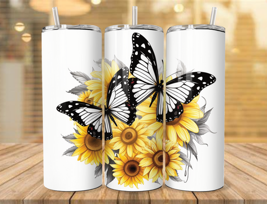 Black & White Butterfly with sunflowers